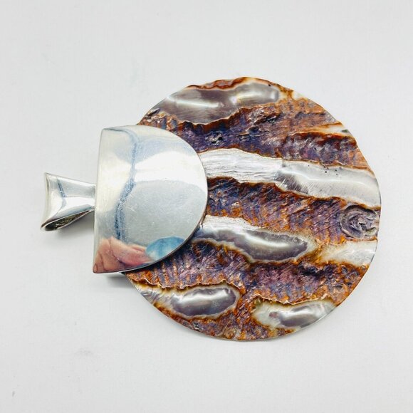 Large Shell Disc Pendant Silver Tone Abalone Mother of Pearl Chunky Beach Island - Picture 2 of 5